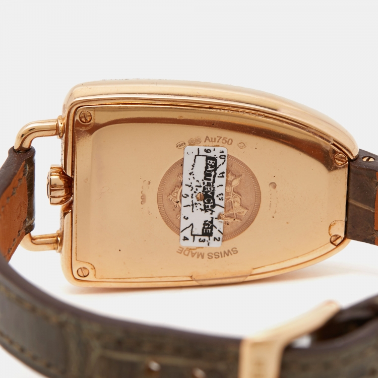 Pre Owned Hermes White 18k Rose Gold Diamond Alligator Galop d'Hermès GA1.271 Women's Wristwatch 26 mm