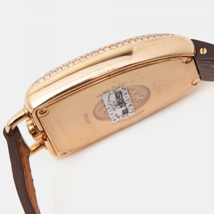 Pre Owned Hermes White 18k Rose Gold Diamond Alligator Galop d'Hermès GA1.271 Women's Wristwatch 26 mm