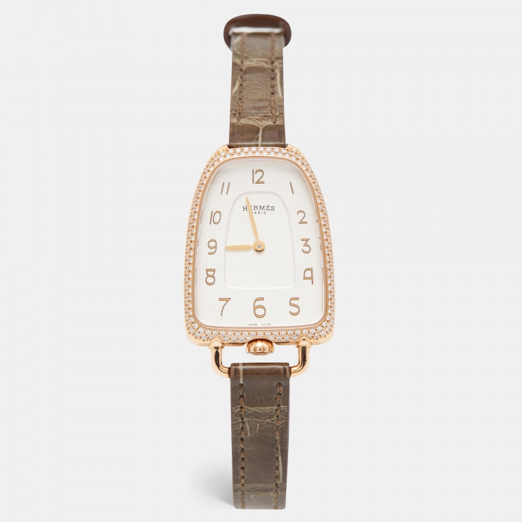 Pre Owned Hermes White 18k Rose Gold Diamond Alligator Galop d'Hermès GA1.271 Women's Wristwatch 26 mm
