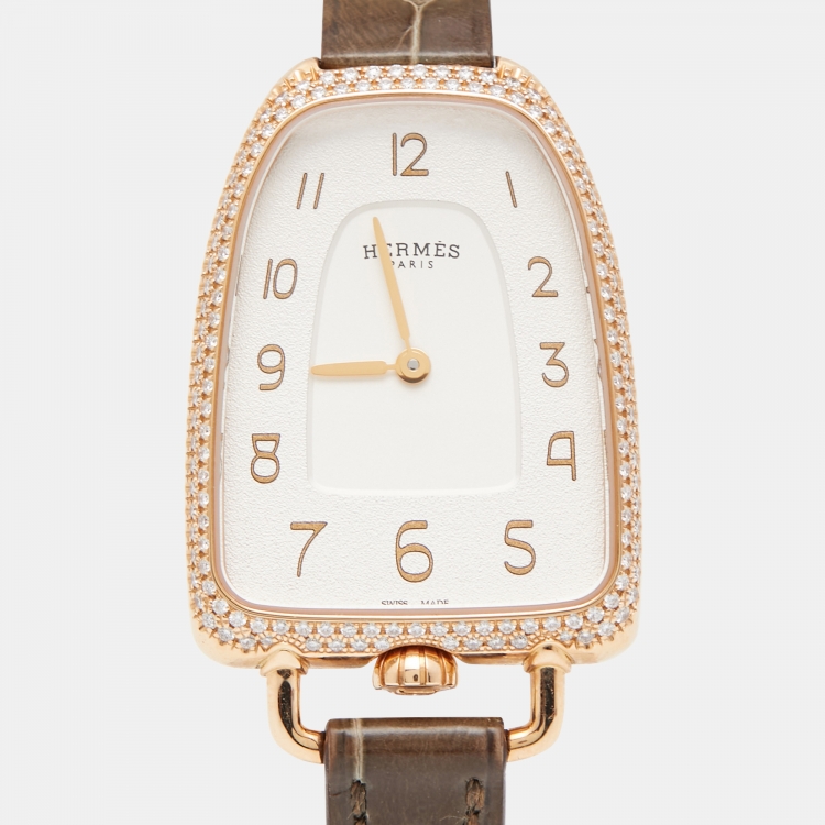 Pre Owned Hermes White 18k Rose Gold Diamond Alligator Galop d'Hermès GA1.271 Women's Wristwatch 26 mm