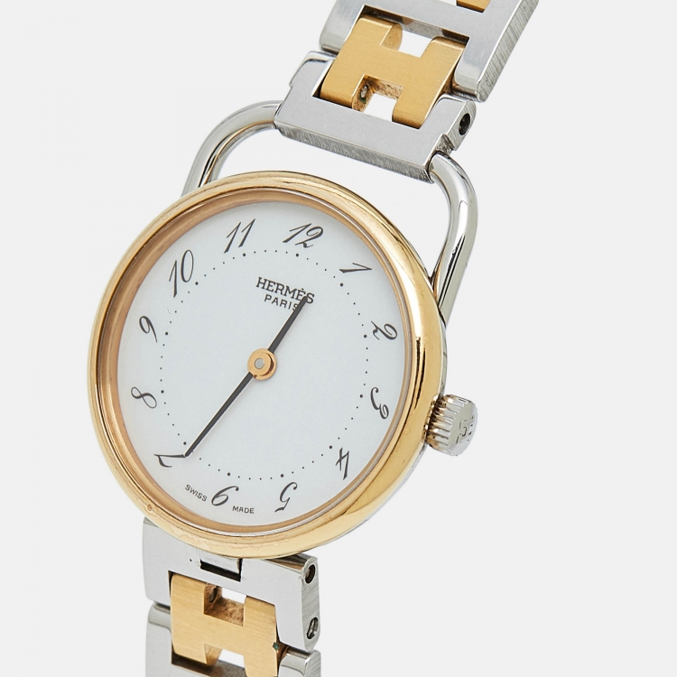 Pre Owned Hermes White Two Tone Stainless Steel Arceau AR3.220 women's Wristwatch 25 mm