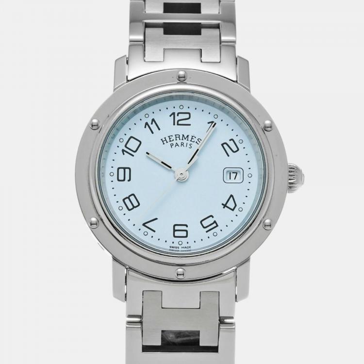 مملوكة مسبقًا Hermes White Stainless Steel Clipper CL6.410 Quartz Women's Wristwatch 31 mm