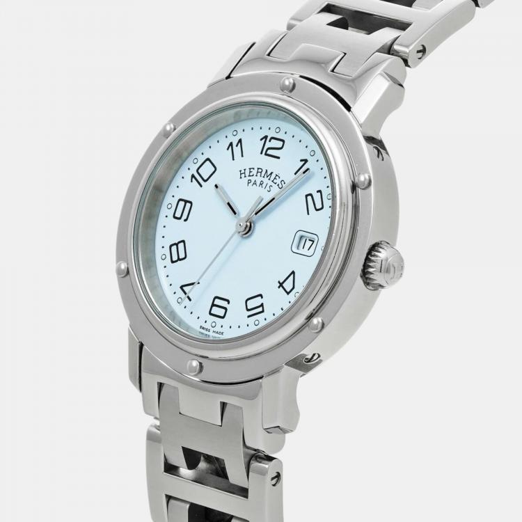مملوكة مسبقًا Hermes White Stainless Steel Clipper CL6.410 Quartz Women's Wristwatch 31 mm