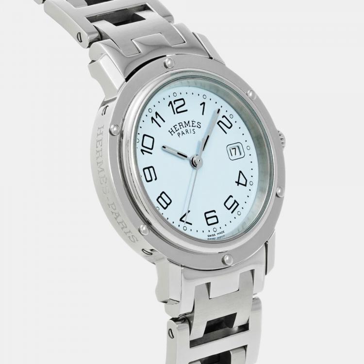 مملوكة مسبقًا Hermes White Stainless Steel Clipper CL6.410 Quartz Women's Wristwatch 31 mm