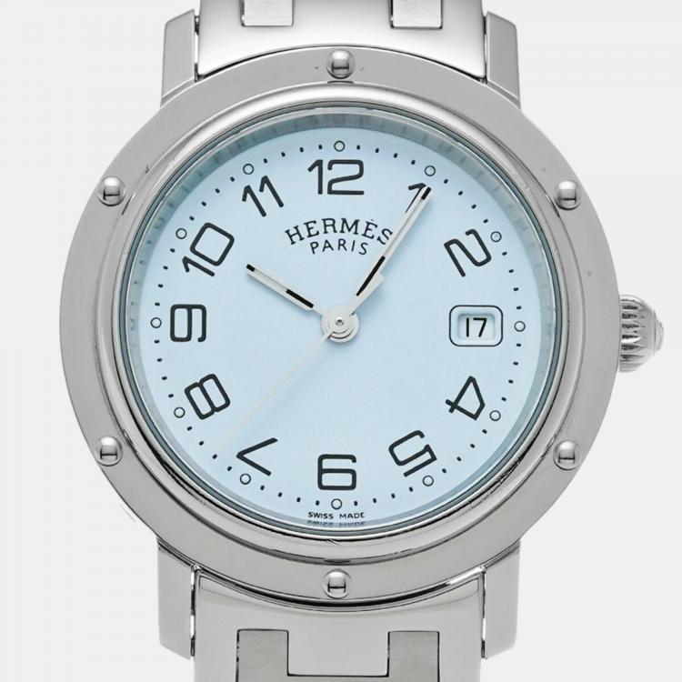 مملوكة مسبقًا Hermes White Stainless Steel Clipper CL6.410 Quartz Women's Wristwatch 31 mm