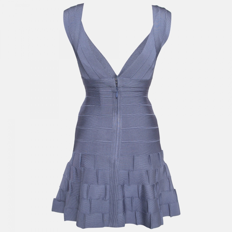 Pre Owned Herve Leger Blue Knit Mirah Bandage Mini Dress S