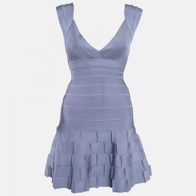 Pre Owned Herve Leger Blue Knit Mirah Bandage Mini Dress S
