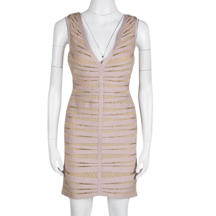 Pre Owned Herve Leger Bare Embellished Mesh Insert Sleeveless Eliza Dress L