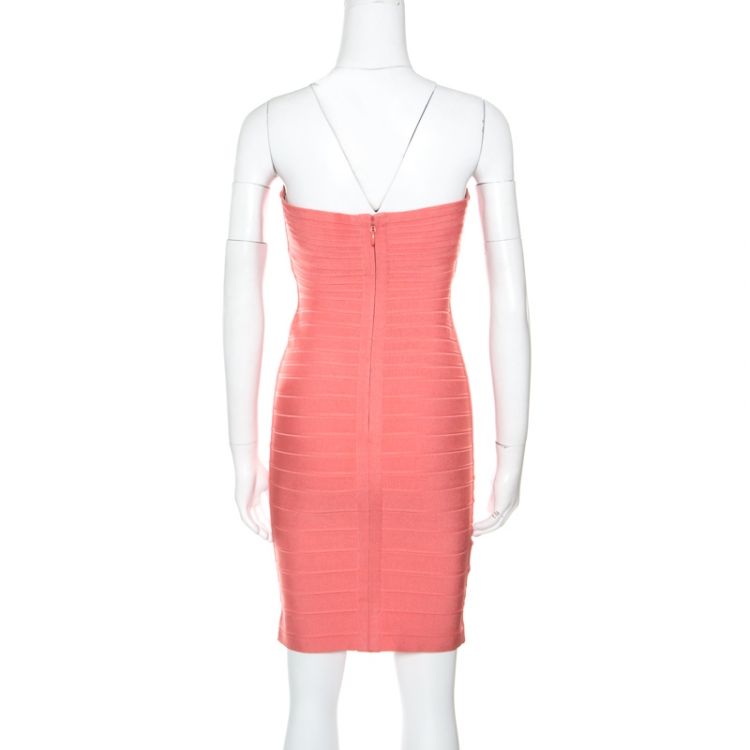 Pre Owned Herve Leger Coral Pink Strapless Arabella Bandage Dress S