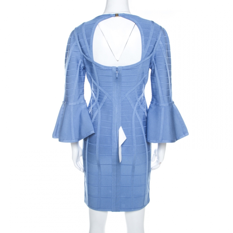 Pre Owned Herve Leger Blue Knit Bell Sleeve Yasmine Bandage Dress M