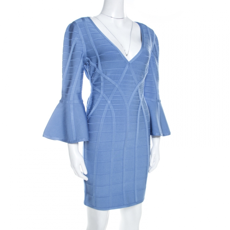 Pre Owned Herve Leger Blue Knit Bell Sleeve Yasmine Bandage Dress M