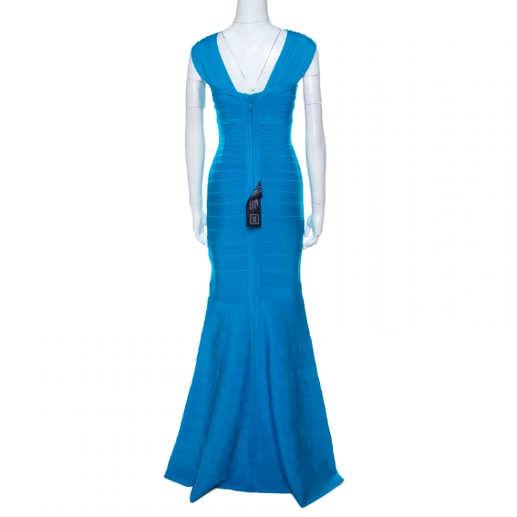 Pre Owned Herve Leger Turquoise Blue Stretch Knit Cathryn Bandage Gown XS