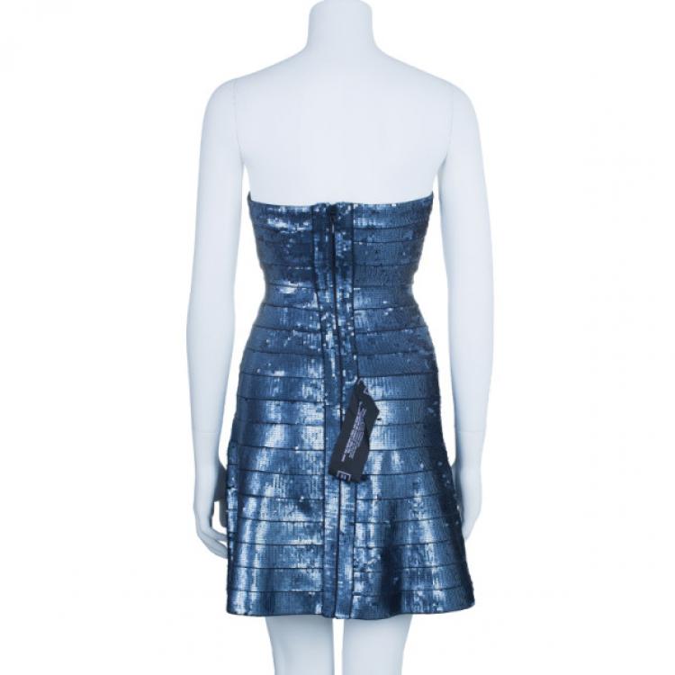 Pre Owned Herve Leger Eclipse Sequin Strapless Flare Dress XS