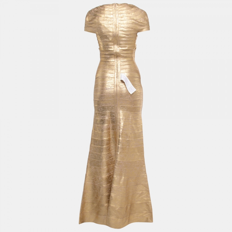 Pre Owned Herve Leger Gold Knit Cap Sleeve Fit & Flare Gown S