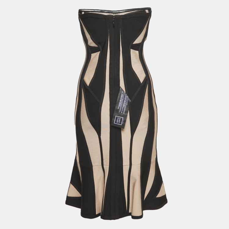 Pre Owned Herve Leger Beige/Black Knit Strapless Bodycon Dress M