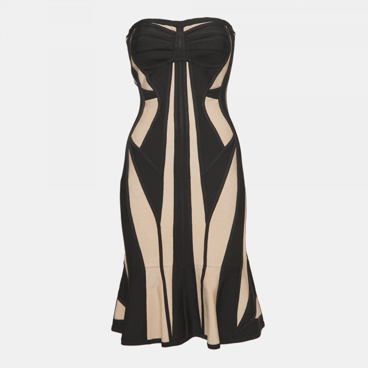 Pre Owned Herve Leger Beige/Black Knit Strapless Bodycon Dress M