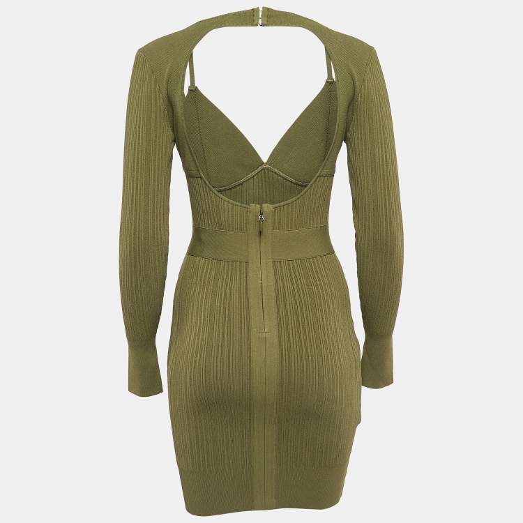 Pre Owned Herve Leger Green Rib Knit Cut-Out Mini Bandage Dress S