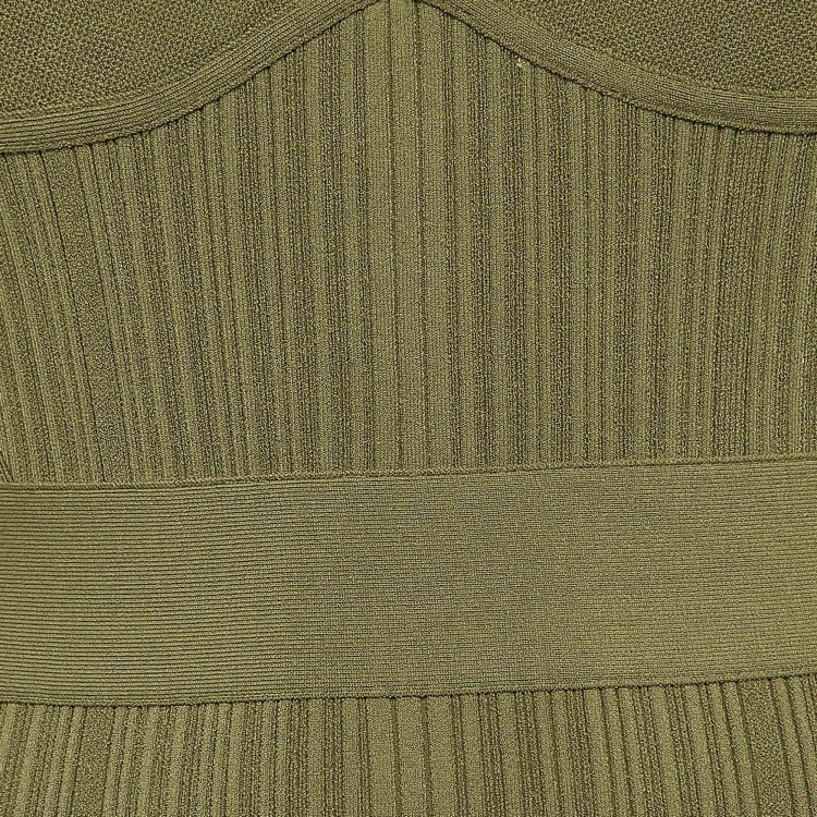 Pre Owned Herve Leger Green Rib Knit Cut-Out Mini Bandage Dress S