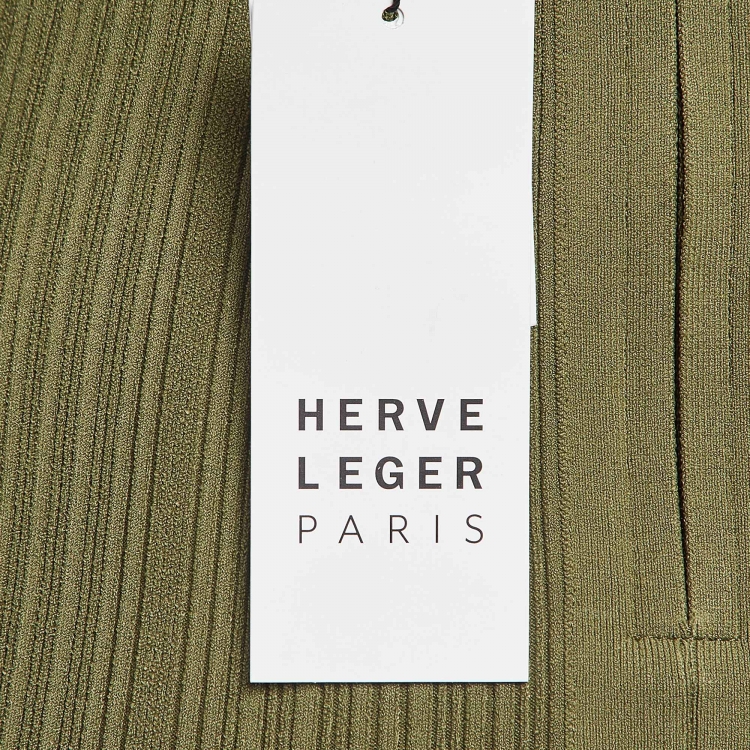 Pre Owned Herve Leger Green Rib Knit Cut-Out Mini Bandage Dress S