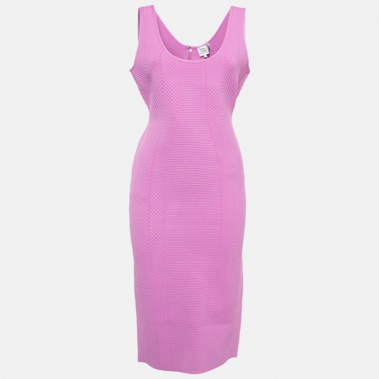 Pre Owned Herve Leger Pink Ottoman Knit Bodycon Dress L