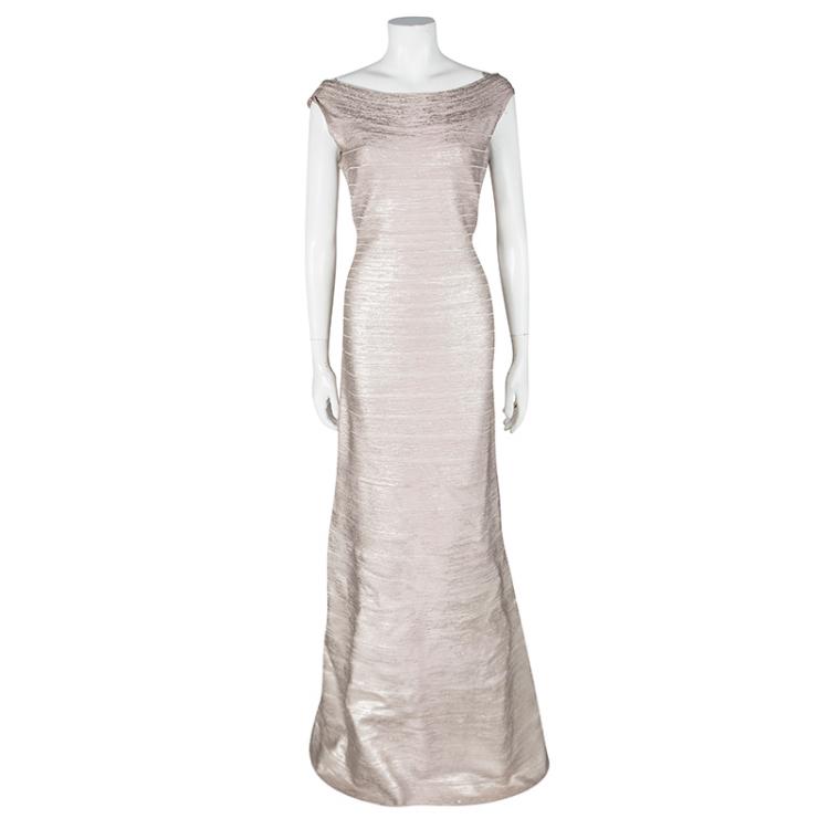 Pre Owned Herve Leger Foil Printed Rose Gold Knit Sophia Bandage Mermaid Gown L