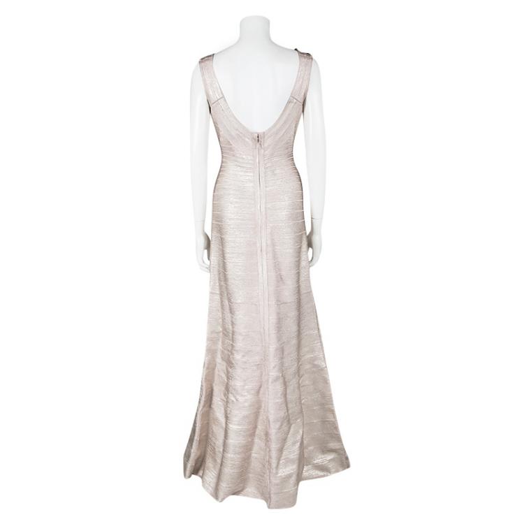 Pre Owned Herve Leger Foil Printed Rose Gold Knit Sophia Bandage Mermaid Gown L