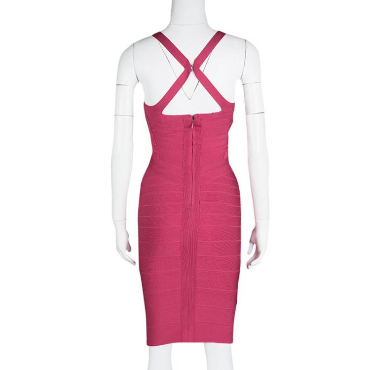Pre Owned Herve Leger Pink Cross Back Detail Bright Rose Bandage Dress XS