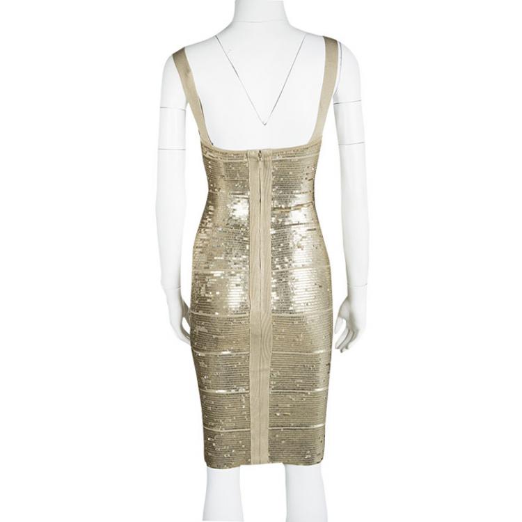 Pre Owned Herve Leger Antique Gold Sequined Bandage Dress XXS