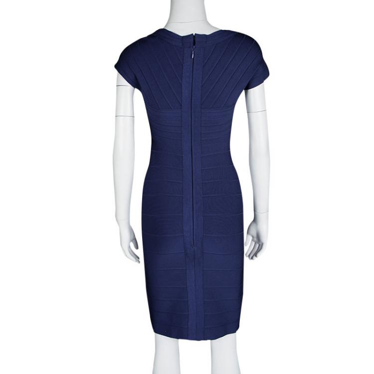 Pre Owned Herve Leger Blue Knit Racquel Signature Bandage Dress M