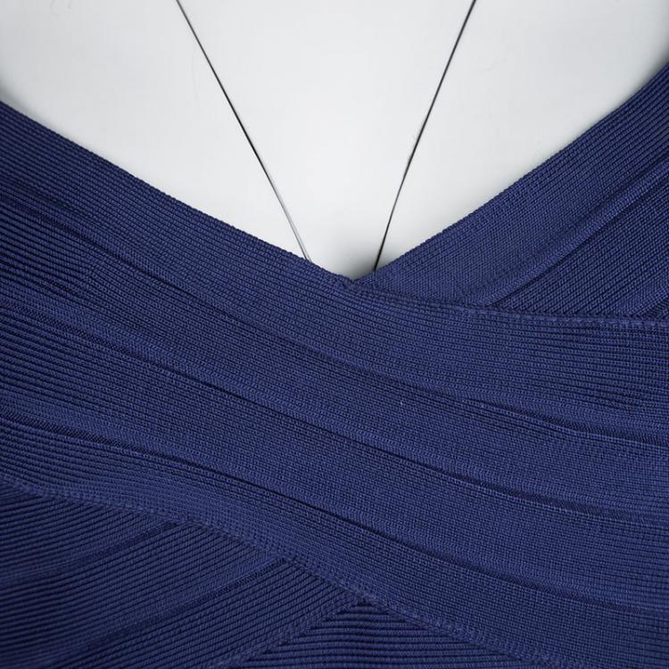 Pre Owned Herve Leger Blue Knit Racquel Signature Bandage Dress M