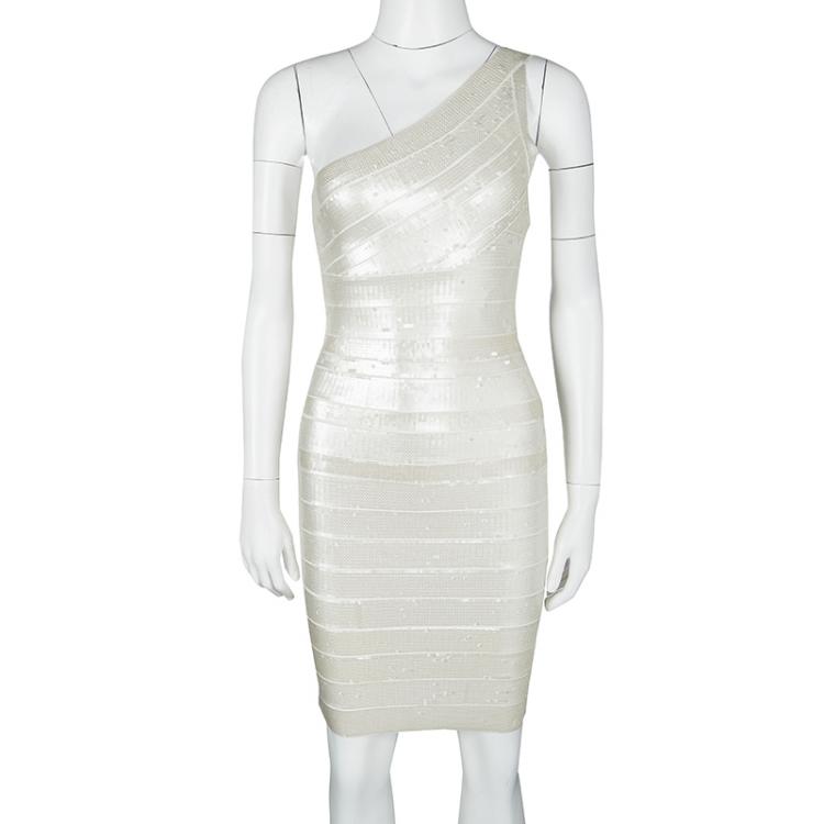 Pre Owned Herve Leger Alabaster One Shoulder Pauline Sequined Bandage Dress XS