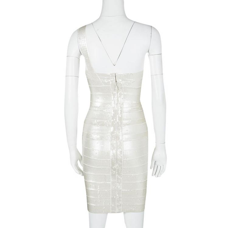 Pre Owned Herve Leger Alabaster One Shoulder Pauline Sequined Bandage Dress XS