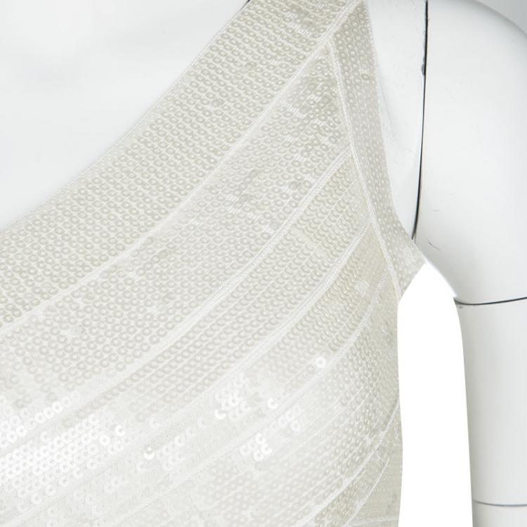 Pre Owned Herve Leger Alabaster One Shoulder Pauline Sequined Bandage Dress XS