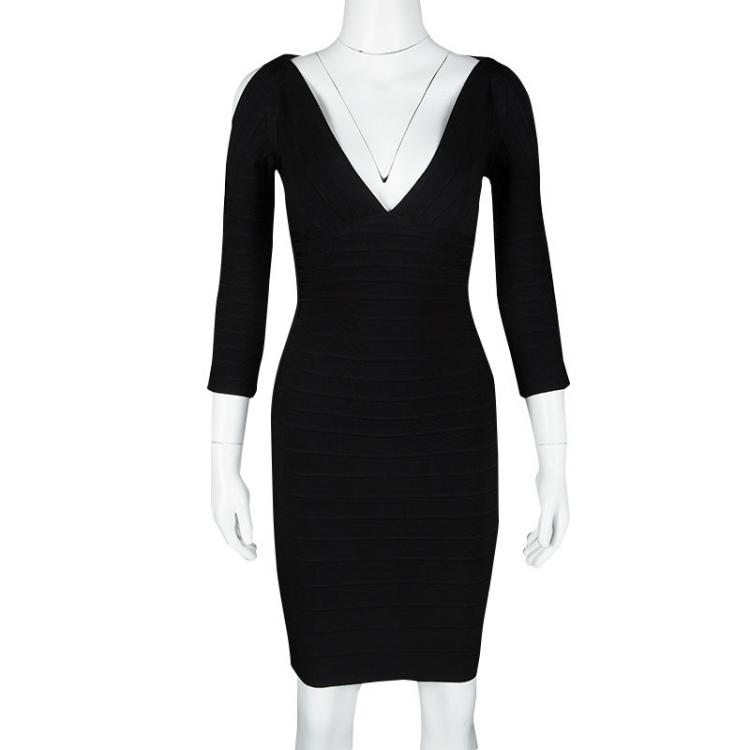 Pre Owned Herve Leger Black V-Neck Cold Shoulder Kayann Bandage Dress XS