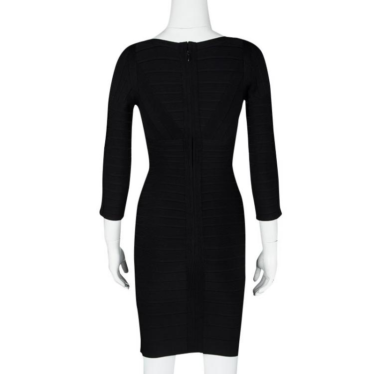 Pre Owned Herve Leger Black V-Neck Cold Shoulder Kayann Bandage Dress XS