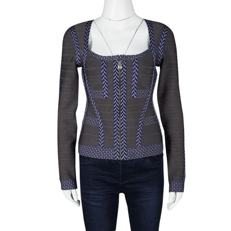Pre Owned Herve Leger Grey Contrast Trim Zip Front Sol Bandage Jacket M