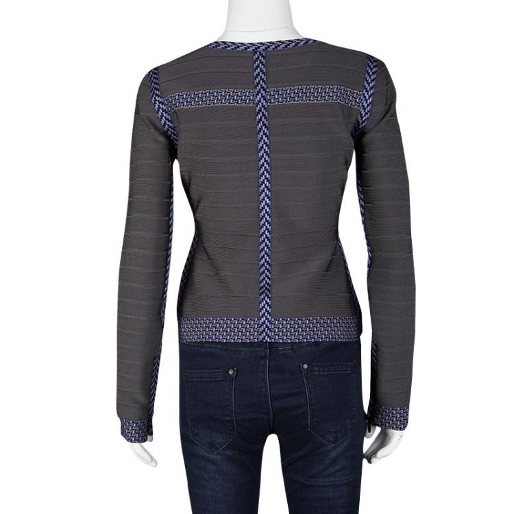Pre Owned Herve Leger Grey Contrast Trim Zip Front Sol Bandage Jacket M