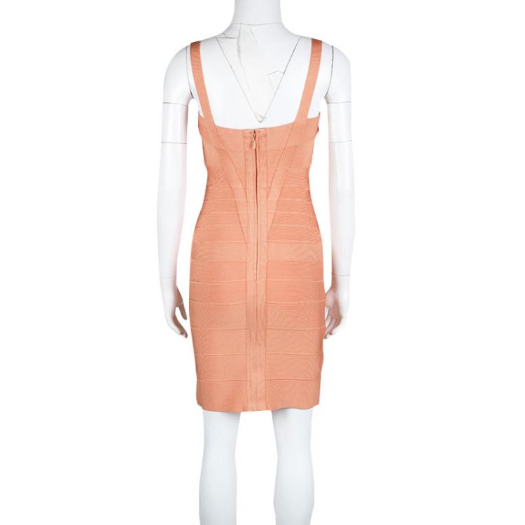 Pre Owned Herve Leger Melon Orange Sleeveless Bandage Dress M