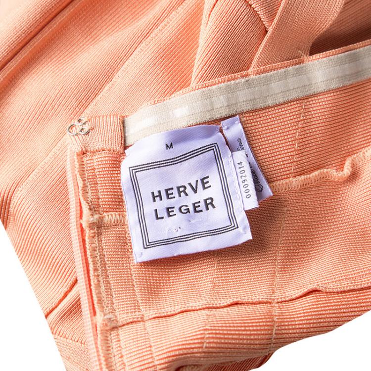 Pre Owned Herve Leger Melon Orange Sleeveless Bandage Dress M