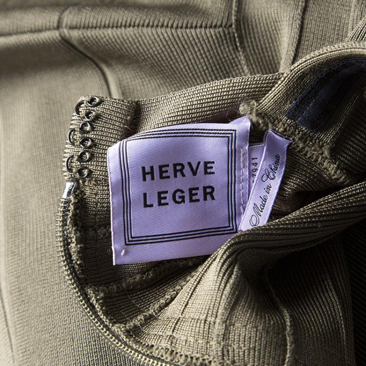 مملوكة مسبقًا Herve Leger Dark Olive Kristen Cap Sleeve Bandage Dress M