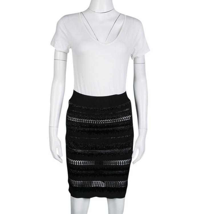 Pre Owned Herve Leger Black Embellished Perforated Pencil Skirt XS