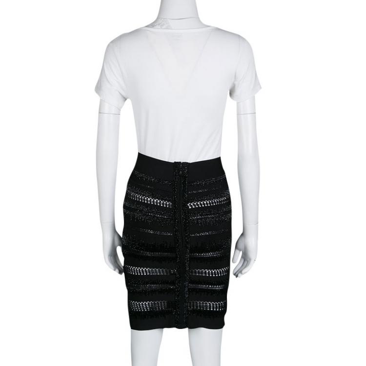 Pre Owned Herve Leger Black Embellished Perforated Pencil Skirt XS