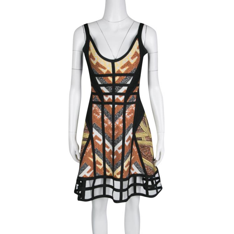 Pre Owned Herve Leger Autumn Combo Amella Tribal Jacquard Caged Cut Skater Dress S 