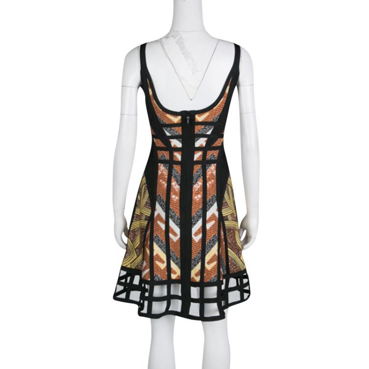 Pre Owned Herve Leger Autumn Combo Amella Tribal Jacquard Caged Cut Skater Dress S 