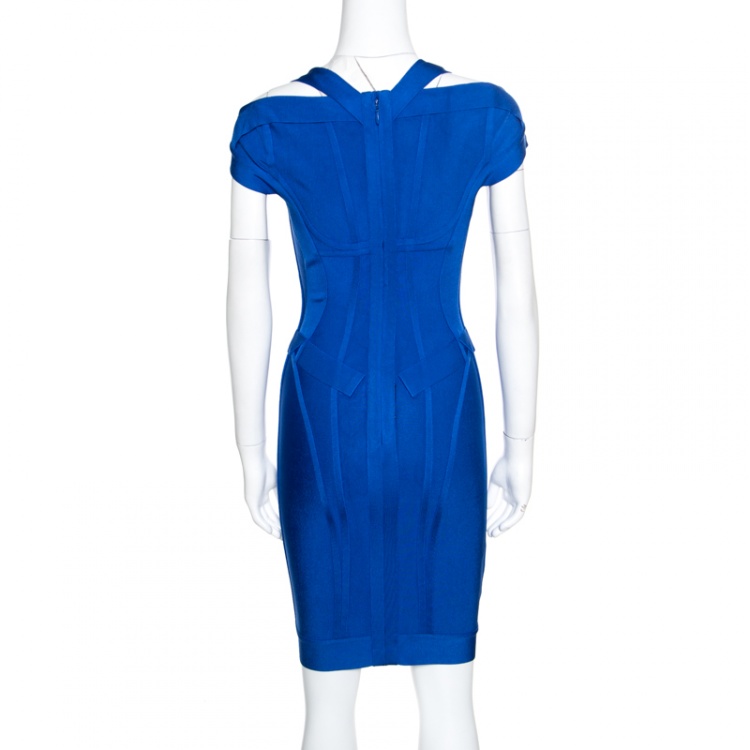 Pre Owned Herve Leger Bright Blue Cold Shoulder Detail Lilliana Bandage Dress XS