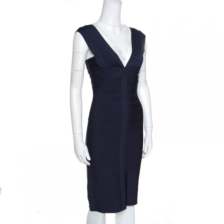 Pre Owned Herve Leger Night Blue V Neck Elise Bandage Dress S