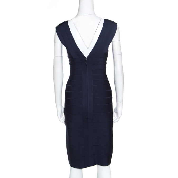 Pre Owned Herve Leger Night Blue V Neck Elise Bandage Dress S