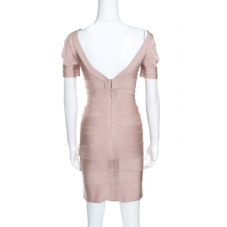 مملوكة مسبقًا Herve Leger Roseblush Pink Cold Shoulder Bandage Dress S