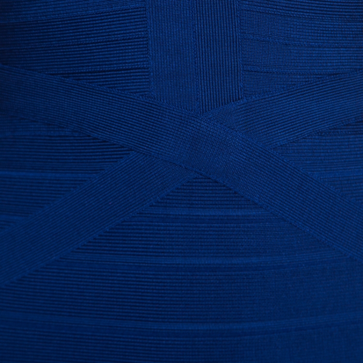 Pre Owned Herve Leger Cobalt Blue Plunge Neck Cybil Bandage Dress S