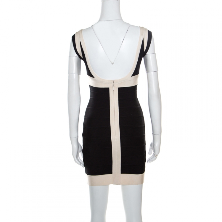 Pre Owned Herve Leger Black and Cream Plunge Neck Detail Sleeveless Ilia Bandage Dress S